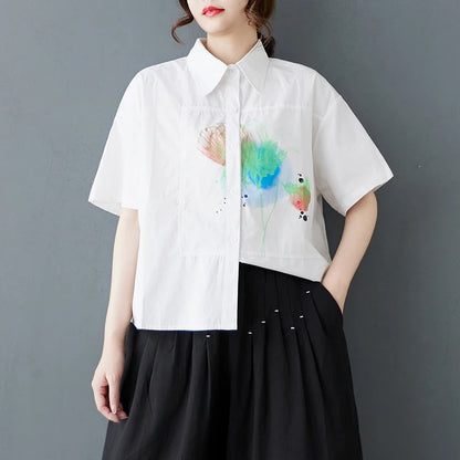 XITAO Print Single Breasted Shirt Casual Turn-down Collar Half Sleeve Simple Leisure Flower Thin Summer Female Shirt GYX1535