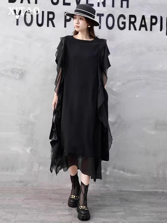 XITAO Asymmetrical Patchwork O-neck Dress Casual Loose Fitting A-line Solid Color Elegant New Arrival Summer Women Dress GYX1651