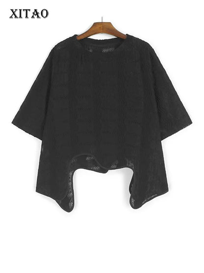 XITAO Loose Asymmetric Female T-shirt Solid Color Casual All-match Women Slimming Temperament Summer O-neck Trend Top HQQ2487