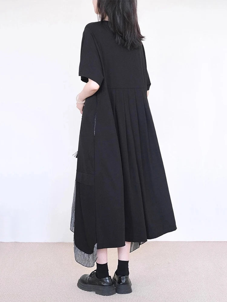 XITAO Irregular Patchwork Hem Dress Solid Color O-neck Slimming Women Summer Casual Temperament Short Sleeve Dress ZMY1399