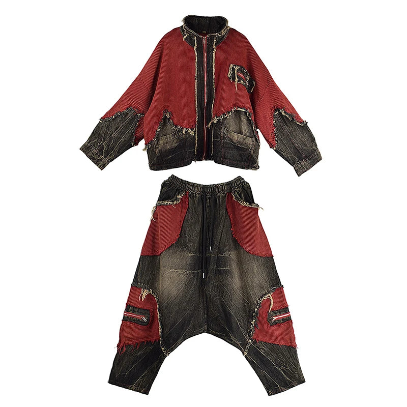 XITAO Contrast Color Patchwork Pant Sets Turn-down Collar Zipper Long Sleeve Top Elastic Waist Loose Fashion Pant Autumn GJ1079