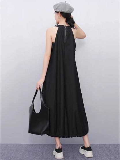 XITAO Pleated Drawstring O-neck Dress Casual A-line Sleeveless Loose Fitting Slimming Solid Color Fashion Summer Dress ZMY1184