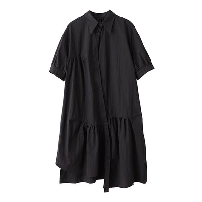 XITAO Asymmetrical Solid Color Female Dress Loose Turn-down Collar Short Half Sleeve A-line Single Breasted Woman Dress ZMY1264