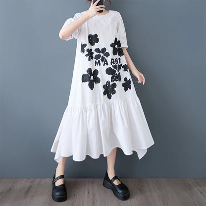 XITAO Patchwork Print Flower Ruffles Dress Casual Half Sleeve O-neck Leisure Sweet Simple Loose Fitting New Summer Dress ZY8940