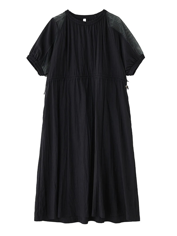 XITAO O-neck Short Sleeve Patchwork Dress Loose Simple Temperament Drawstring Women Solid Color Vintage Summer Dress ZMY1215