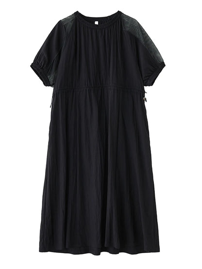 XITAO O-neck Short Sleeve Patchwork Dress Loose Simple Temperament Drawstring Women Solid Color Vintage Summer Dress ZMY1215