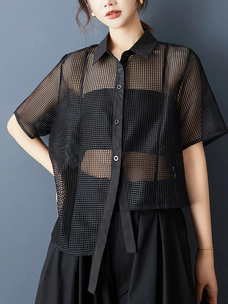XITAO Hollow Out Irregular Women Blouse Short Sleeve Casual Loose Turn-down Collar Solid Color Summer Female Shirts ZMY1222