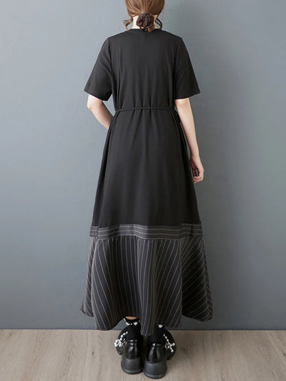 XITAO Striped Contrast Color Asymmetrical Dress V-neck Short Sleeve Patchwork Split Pullover Bandage Casual Female Dress ZMY1288