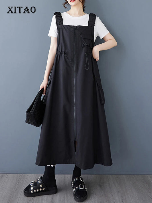 XITAO Zipper Pocket Patchwork Shirring Dress Solid Color Sleeveless Loose Casual Slim Summer Personality A-line Dress ZMY1217