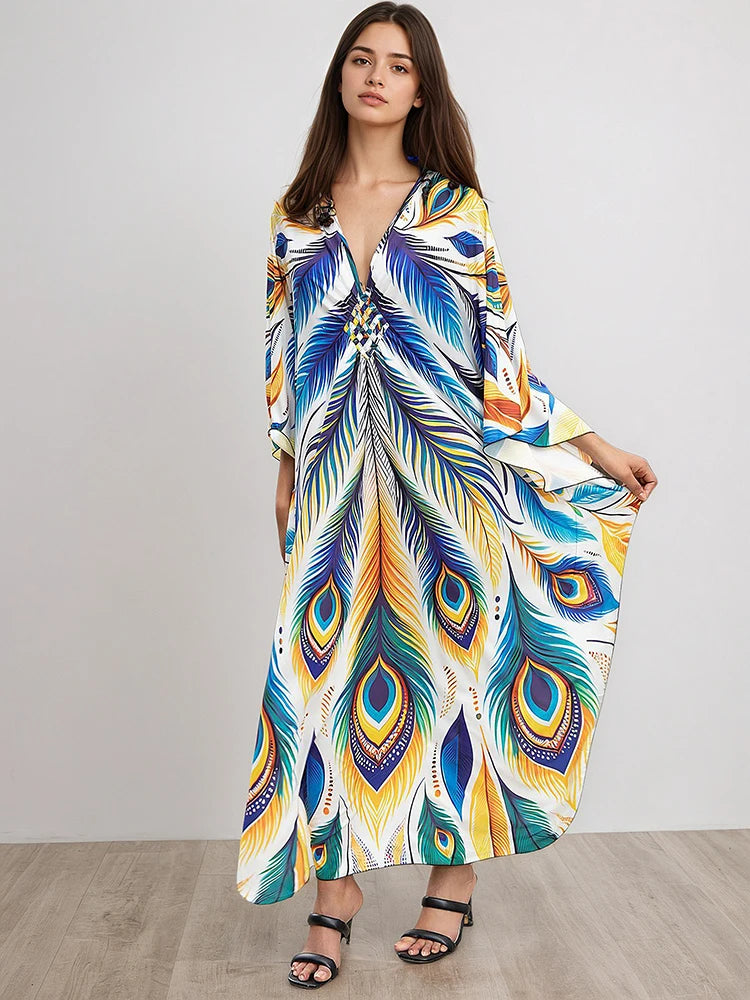 XITAO Bohemian Print V-neck Women Dress Casual Summer Pullover A-line Personality Cartoon Female Bat Sleeve Loose Dress GJ1210