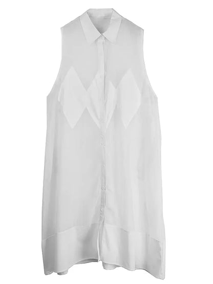 XITAO Rhombus Gauze Patchwork Sleeveless Dress Solid Color Turn-down Collar Single Breasted Loose Perspective Dress ZY8941