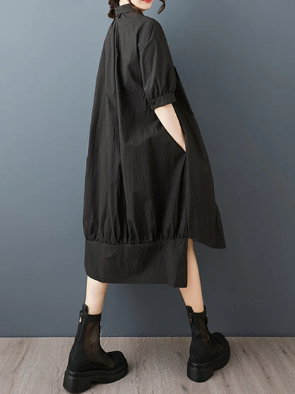XITAO Asymmetrical Solid Color Female Dress Loose Turn-down Collar Short Half Sleeve A-line Single Breasted Woman Dress ZMY1264