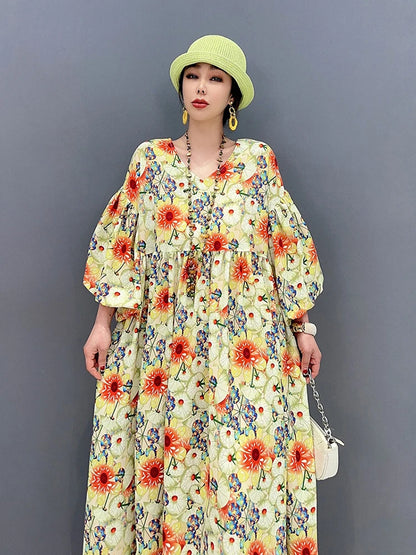 XITAO Fashion Vintage Print Dress Loose Contrast Color Three Quarter Sleeve Women Summer New Temperament V-neck Dress WLD16258