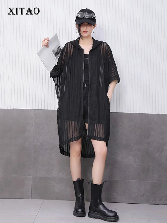 XITAO Sheer Hooded Gauze Zipper Dress Solid Color Pocket Patchwork Striped Loose Temperament All Match Slimming Dress ZMY1181