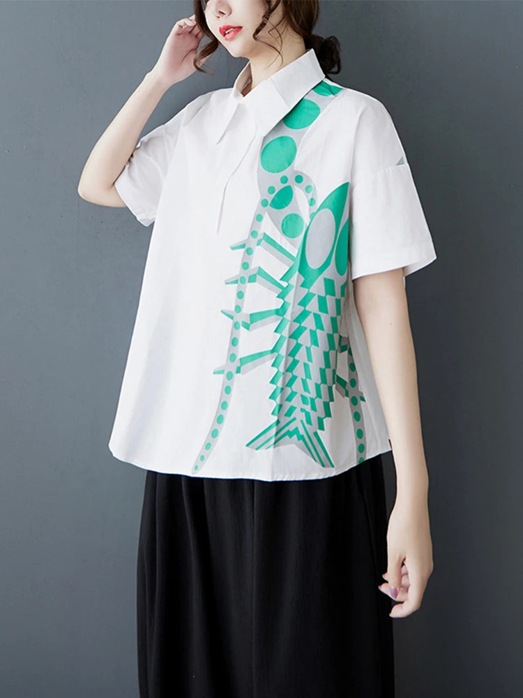XITAO Print Irregular Half Sleeve Shirt Casual Turn-down Collar Loose Fit Vintage Single Breasted Summer Women Blouse GYX1534