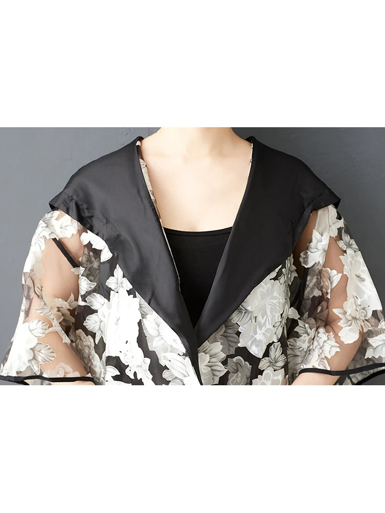 XITAO Print Patchwork Contrast Color Female Trench Hooded All-match Gauze Half Sleeve Summer Woman Cardigans Trench ZMY1257
