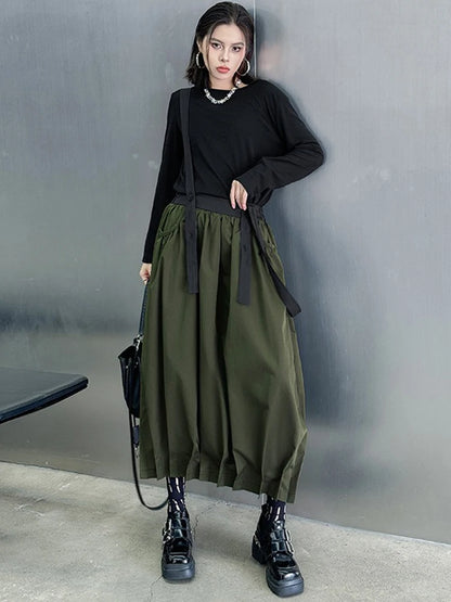 XITAO Straps Pleated Contrast Color Skirt Casual Loose Fitting A-line Elastic Waist Leisure Summer Female Skirt GYX1540