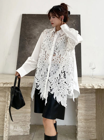 XITAO Irregular Patchwork Hollow Out Shirt Loose Asymmetric Long Sleeve Turn-down Collar Women Slimming Temperament Top GYX1613