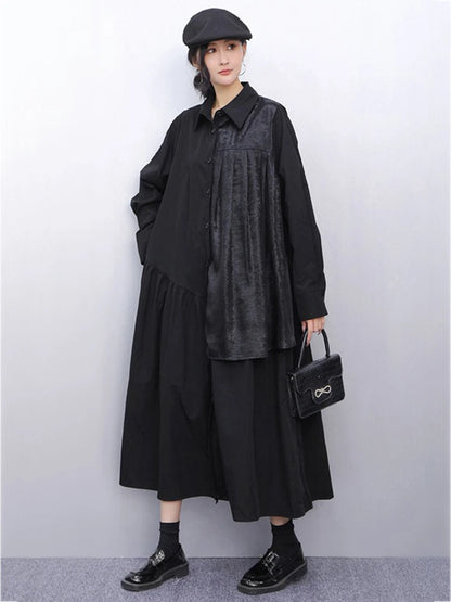 XITAO Patchwork Pleated Lapel Women Dress Casual Full Sleeve A-line Turn-down Collar Loose Slimming Spring Female Dress GYX1578