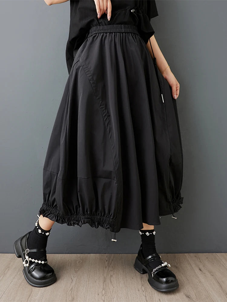 XITAO Shirring Edible Tree Fungus Patchwork Skirt Solid Color Elastic Waist Loose A-line Temperament Slim Casual Skirt ZMY1230
