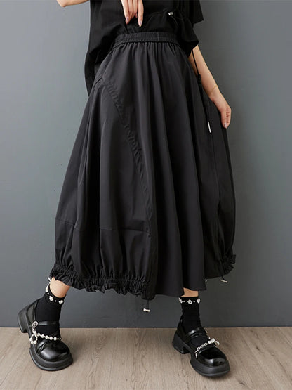 XITAO Shirring Edible Tree Fungus Patchwork Skirt Solid Color Elastic Waist Loose A-line Temperament Slim Casual Skirt ZMY1230