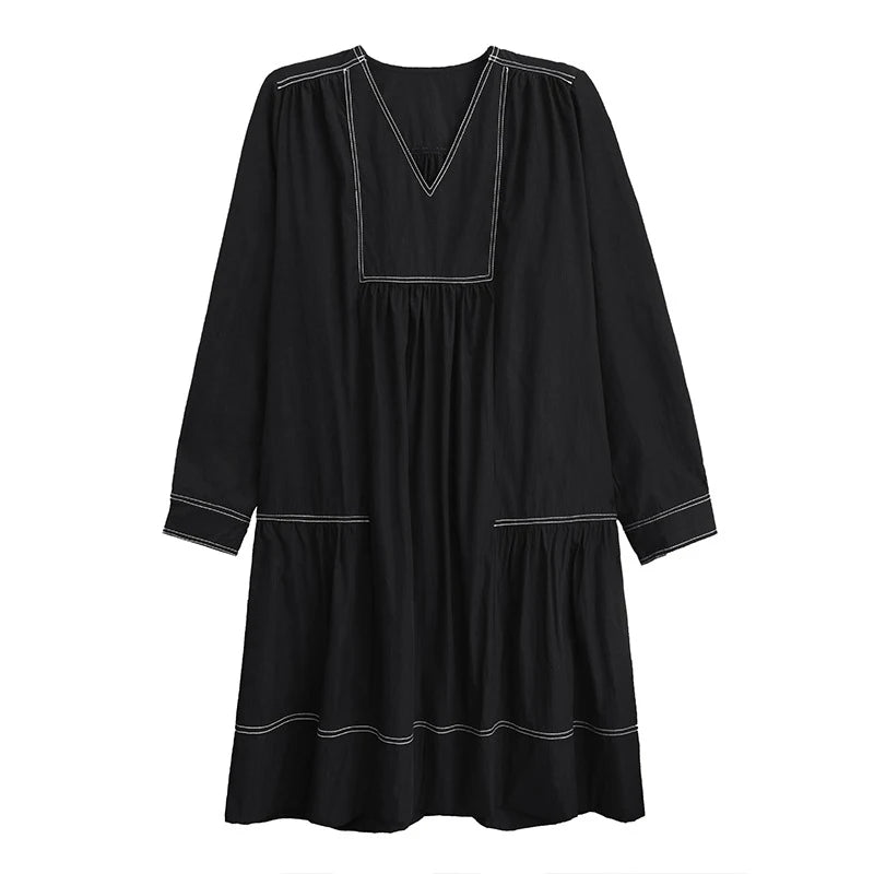 XITAO Loose V-neck Folds Female Dress Elegant Temperament A-line Women  Fashion Slimming Long Sleeve Pullover GMM1322
