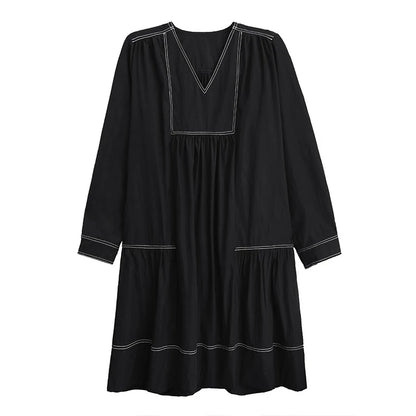 XITAO Loose V-neck Folds Female Dress Elegant Temperament A-line Women  Fashion Slimming Long Sleeve Pullover GMM1322