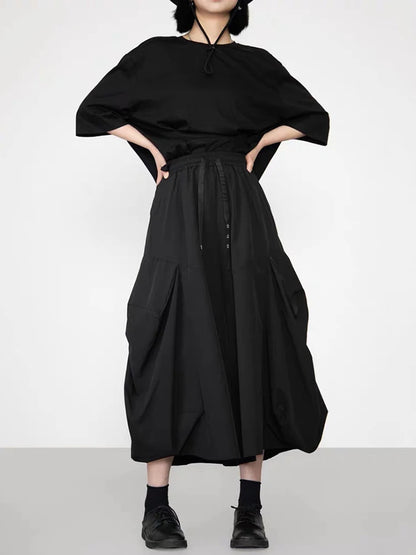 XITAO Solid Color Pleated Elastic Waist Pants Pocket Patchwork All Match Slimming Casual Fashion Loose Ankle-length Pants ZY8944