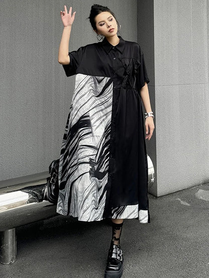 XITAO Loose Patchwork Print Dress Vintage Contrast Color Single Breasted Women Summer Casual Slimming Irregular Dress HQQ2356