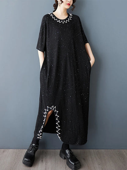 XITAO Vintage Asymmetric O-neck Dress Fashion Bead Patchwork Women Summer Solid Color Slimming Temperament Dress HQQ2481