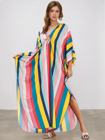 XITAO Contrast Color Striped A-line Dress Pullover Print V-neck Fashion Bat Wing Sleeve Summer Woman Ankle-length Dress GJ1177