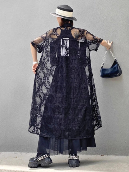 XITAO Lace Patchwork Single Breasted Dress Solid Color Turn-down Collar Short Sleeve Loose A-line Slim All Match Dress ZMY1190