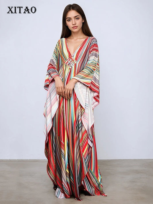 XITAO Print Contrast Color Dress Casual A-line Pullover Fashion V-neck Long Style New Batwing Sleeve Summer Women Dress GJ1149