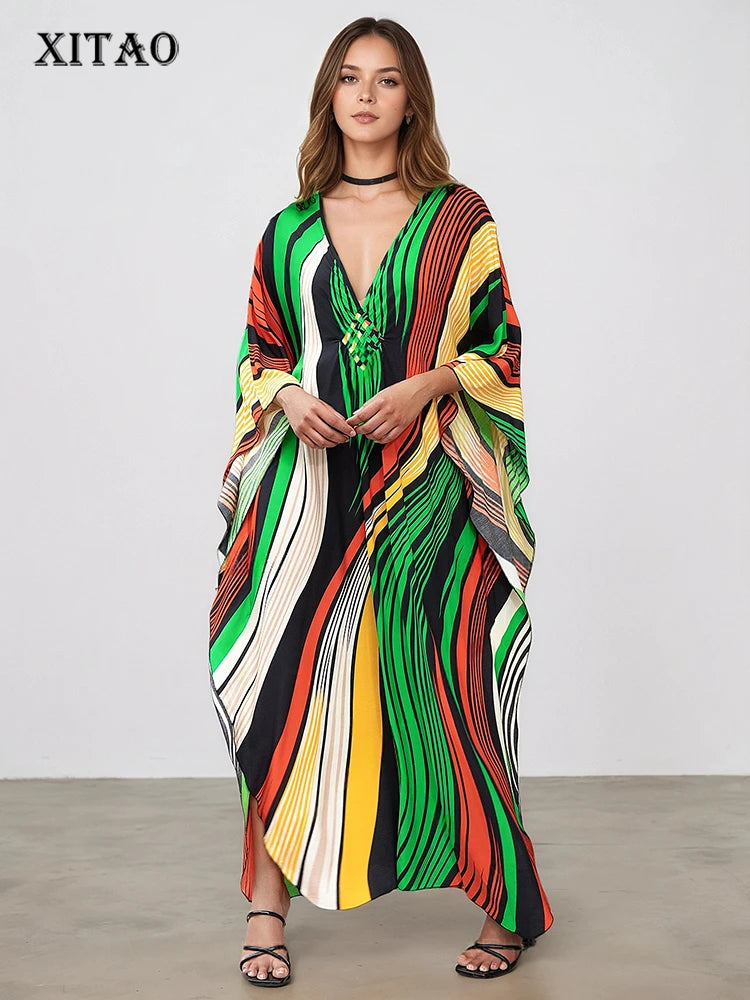 XITAO Contrast Color Striped Loose Dress V-neck Pullover Print Side Slit Casual Slimming Summer Simple Summer Woman Dress GJ1184