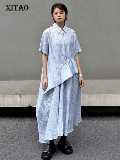 XITAO Irregular Striped Drawstring Dress Turn-down Collar Loose Casual Short Sleeve Personality Summer Woman Dress HQQ2490