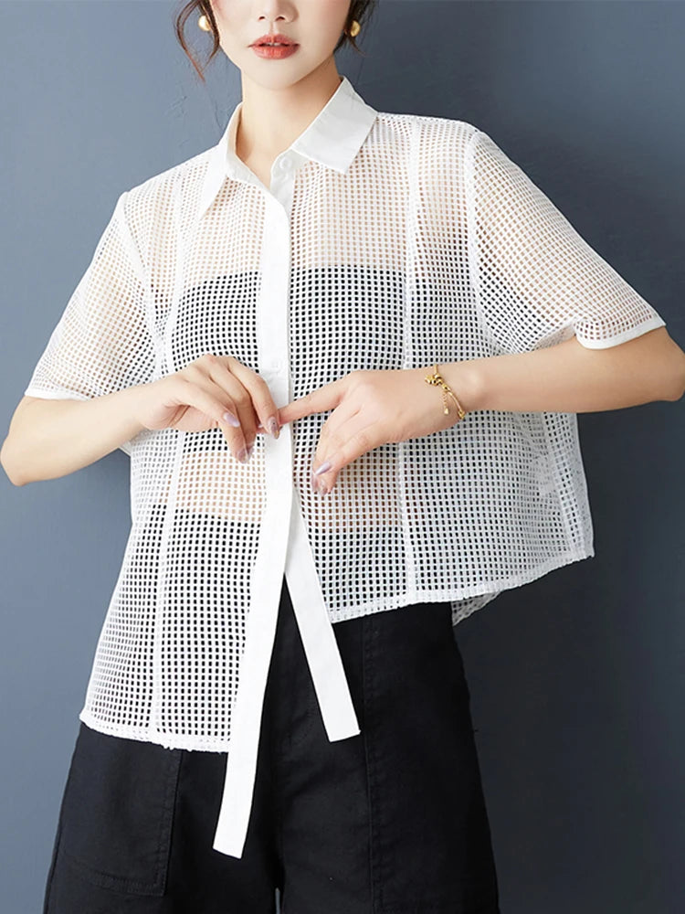 XITAO Hollow Out Irregular Women Blouse Short Sleeve Casual Loose Turn-down Collar Solid Color Summer Female Shirts ZMY1222