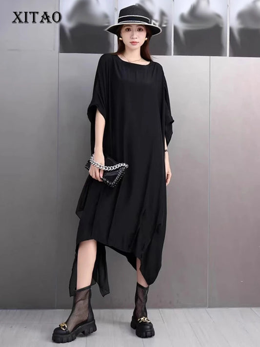 XITAO Loose Irregular O-neck Dress Fashion Mesh Patchwork Women Summer Simple Solid Color Elegant Temperament Dress HQQ2489