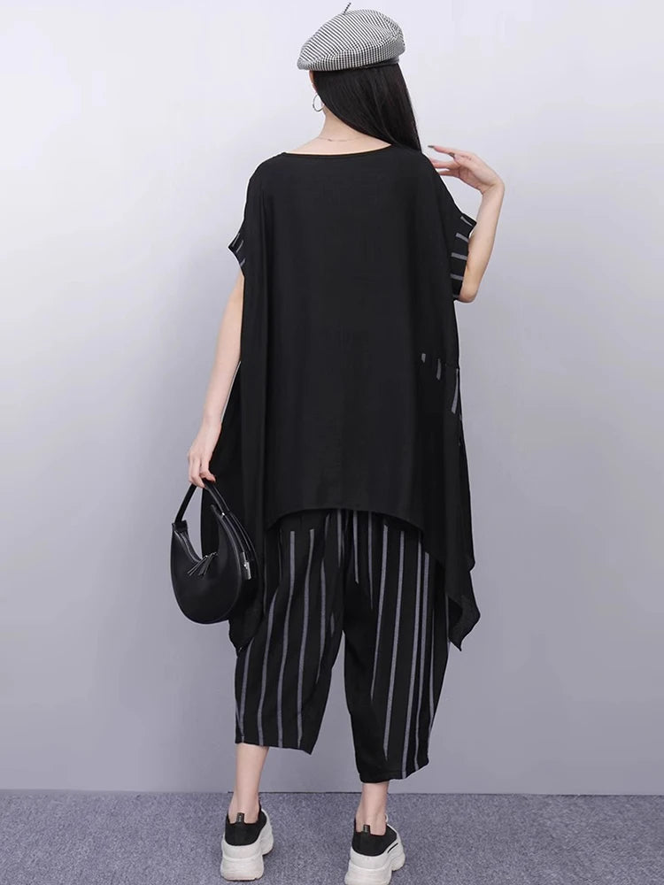XITAO Asymmetrical Stripe Patchwork O-neck Sets Casual Loose Fitting Short Sleeve Pullover Simple Summer Female Set ZMY1326