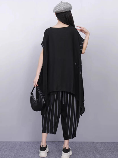 XITAO Asymmetrical Stripe Patchwork O-neck Sets Casual Loose Fitting Short Sleeve Pullover Simple Summer Female Set ZMY1326