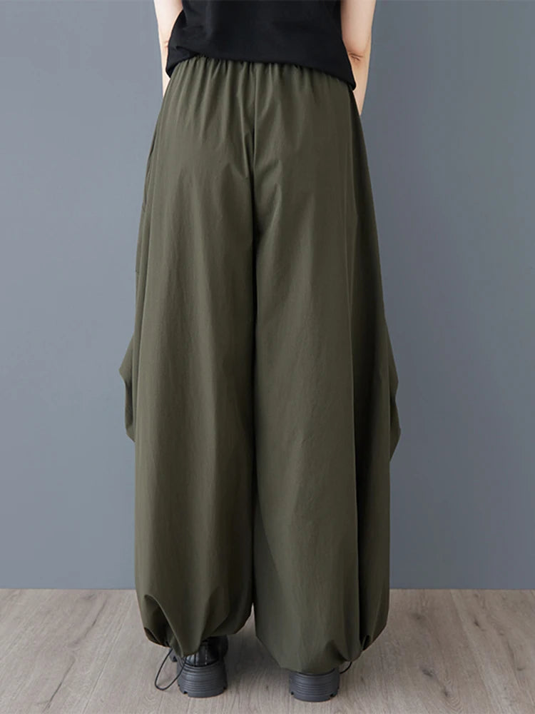 XITAO Shirring Pocket Patchwork Pant Solid Color Elastic Waist Casual Slimming All Match Loose Wide Leg Pants Spring ZY8935