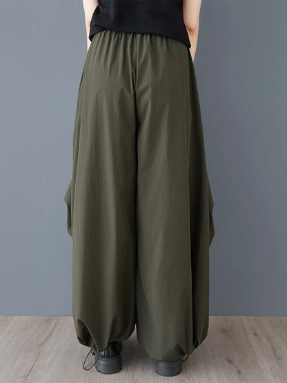 XITAO Shirring Pocket Patchwork Pant Solid Color Elastic Waist Casual Slimming All Match Loose Wide Leg Pants Spring ZY8935