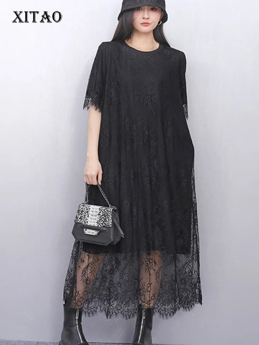 XITAO Lace O-neck Half Sleeve Dress Casual Loose Fitting Elegant Comfortable Slimming Summer Fashion Women Dress ZMY1207