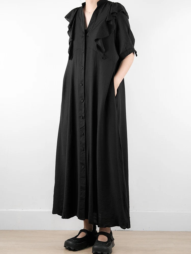XITAO Ruffles Single Breasted V-neck Dress Solid Color Half Sleeve Casual New Sweet Personality A-line Women Dress GMM1344