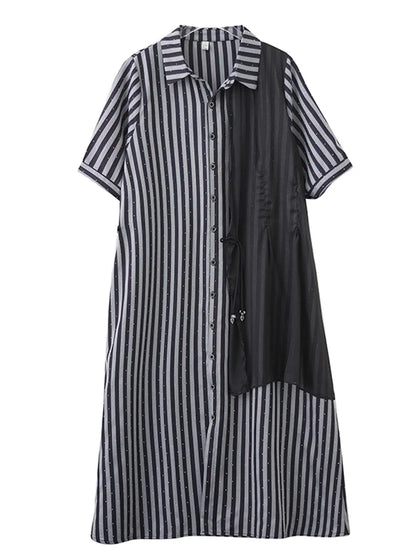 XITAO Irregular Contrast Color Dress Patchwork Striped Short Sleeve Turn-down Collar Temperament Summer Woman Dress ZMY1277