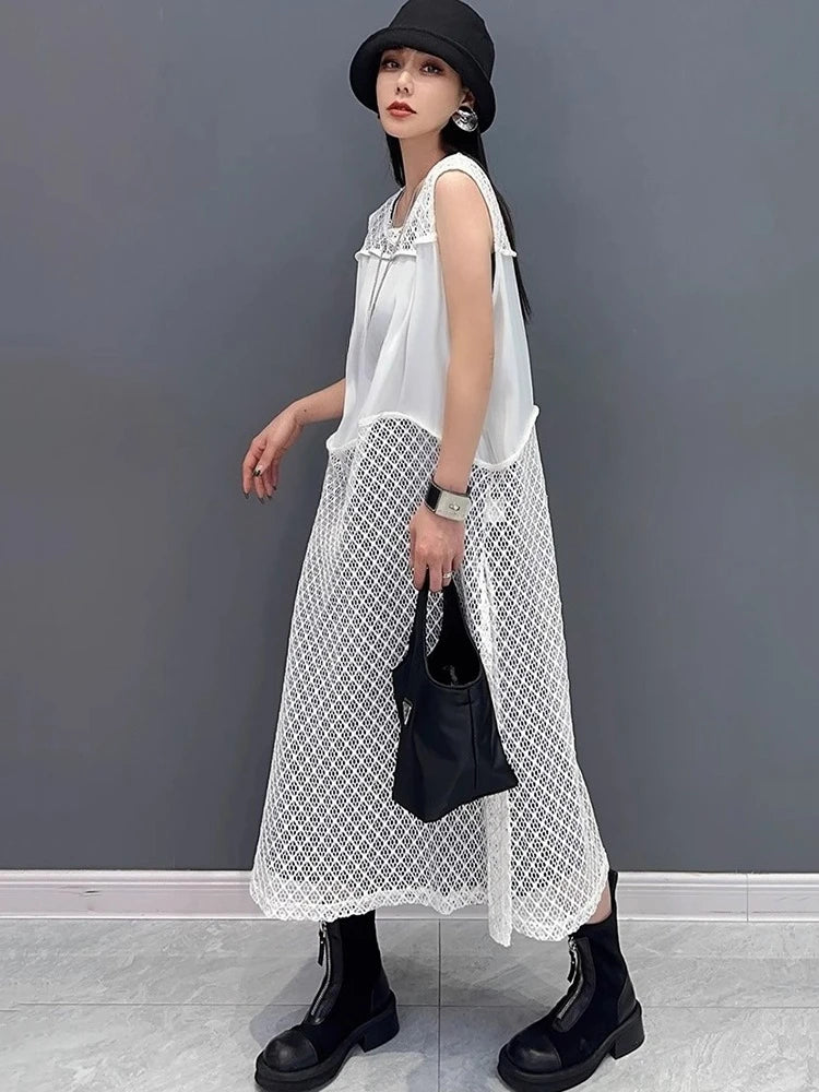 XITAO Hollow Out Patchwork Sleeveless Dress Casual Solid Color Simple A-line Fashion New Arrival Summer Women Dress ZMY1244