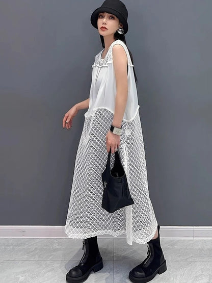 XITAO Hollow Out Patchwork Sleeveless Dress Casual Solid Color Simple A-line Fashion New Arrival Summer Women Dress ZMY1244