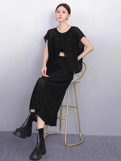 XITAO Irregular Sleeveless Loose Set Solid Color Casual Hollow Out O-neck Temperament Simple Summer Woman Two-piece Sets ZMY1292