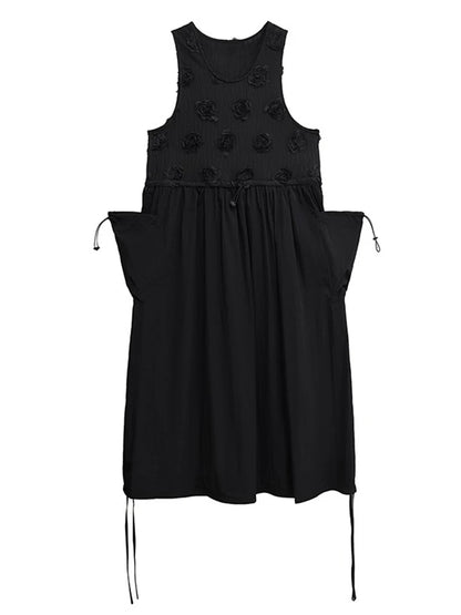 XITAO Loose Flower Patchwork Dress Casual Solid Color Pocket Drawstring Women O-neck Sleeveless Simple Temperament Dress HQQ2468