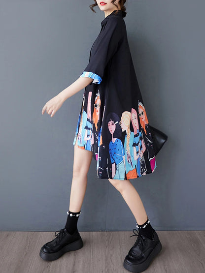 XITAO Print Single Breasted Loose Female Dress Half Sleeve Turn-down Collar Casual Cartoon Summer Women Irregular Dress ZMY1218