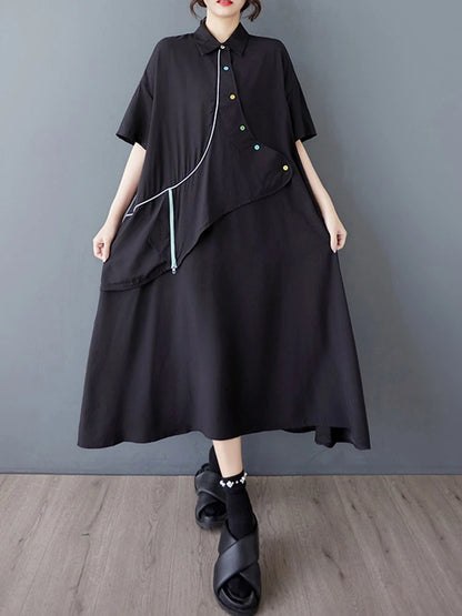 XITAO Asymmetrical Patchwork Single Breasted Dress Turn-down Collar Short Sleeve Pullover Loose Casual Slimming Dress ZMY1055